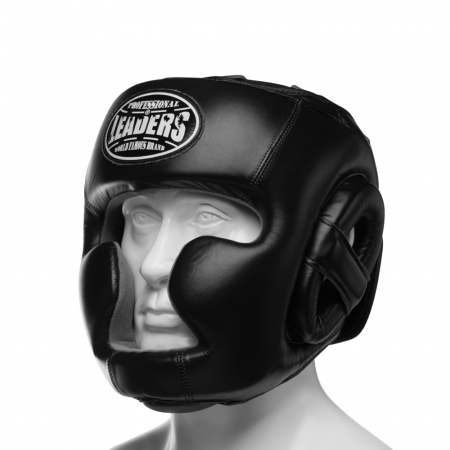 Шлем боксерский LEADERS LS FULL FACE (XL, кожа, черный)